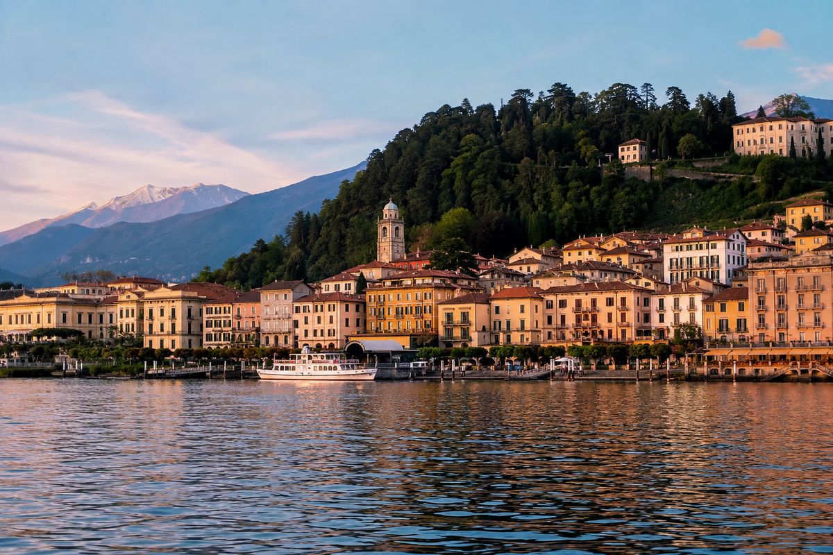 Vista panoramica di Bellagio dal Lago di Como con borgo storico, ville e montagne