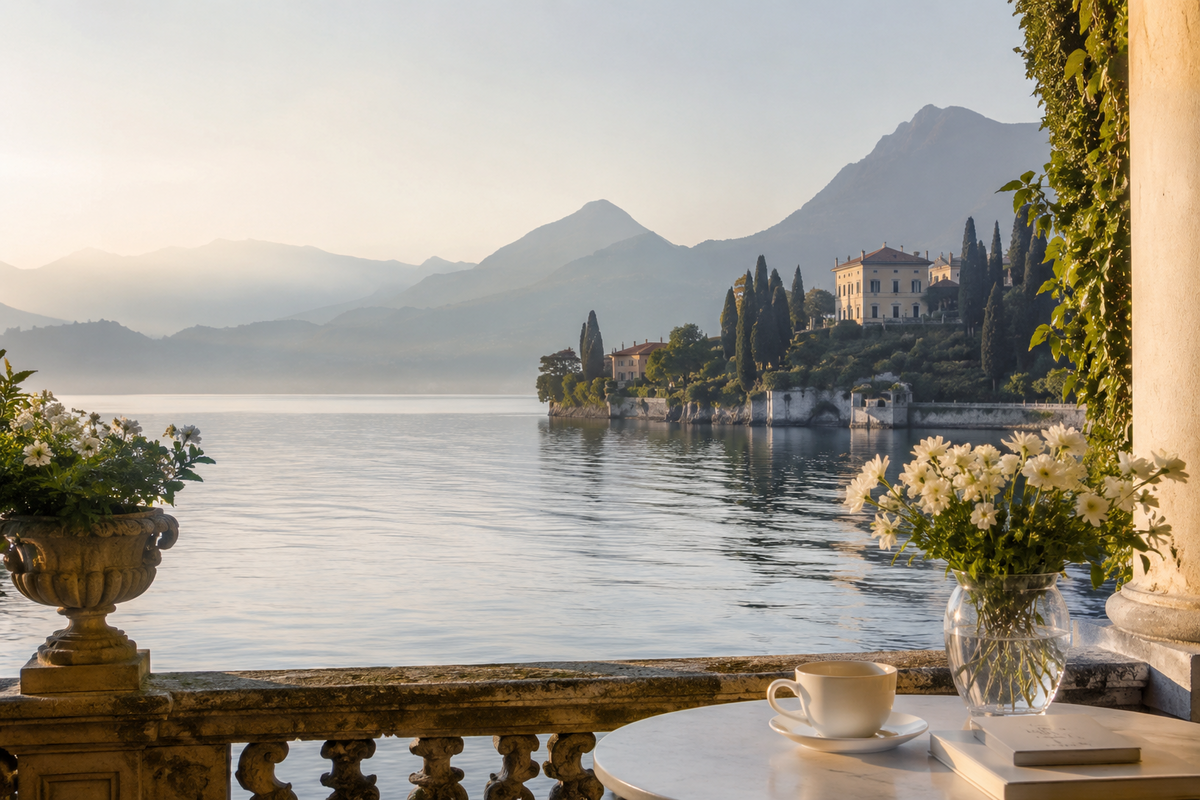 Lago di Como al mattino con luce quieta e atmosfera di slow living