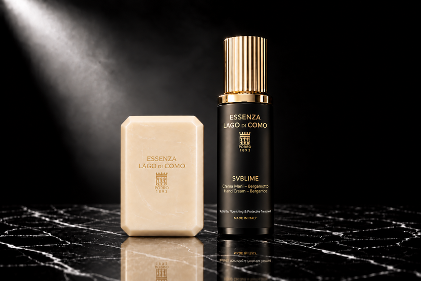SVBLIME hand cream and LVCE soap in a gift box on black marble