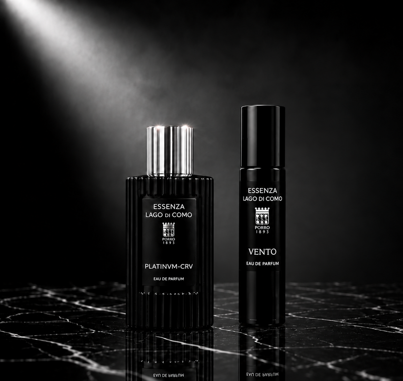 PLATINVM-CRV and VENTO perfume set on black marble