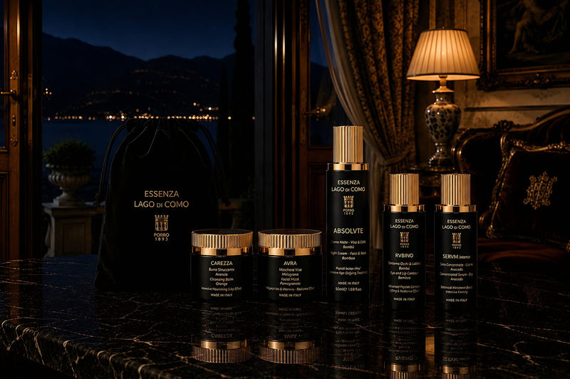 Rituale della Sera — rituale skincare luxury · Essenza Lago di Como, CREMA BURRO STRUCCATE CAREZZZA ALL'ARANCIA, CREMA VISO AVRA AL MELOGRANO, CREMA NOTTE AL BAMBOO, CREMA CONTORNO OCCHI E LABBRA AL BAMBOO, SERVM INTENSO ALL'ARANCIA, ERBE LARIANE, AROMI BOTANICI, CARAMIDI, PEPTIDI, BAVA DI LUMACA